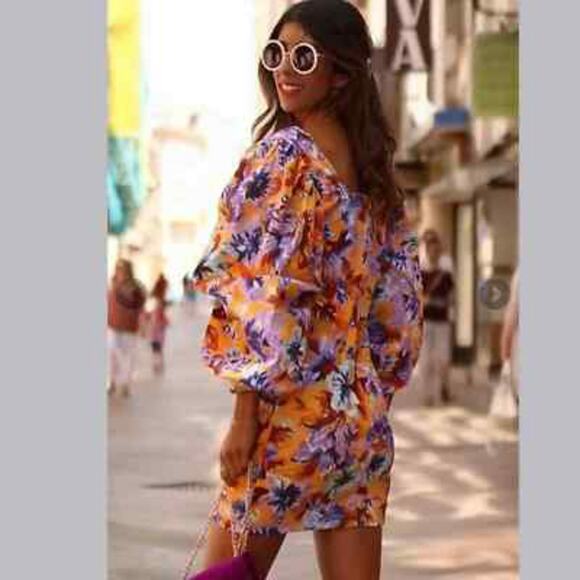 NWT Zara Camilla Puff Sleeve Mini Dress Size Medium Yellow Floral Long Sleeve - Picture 5 of 11